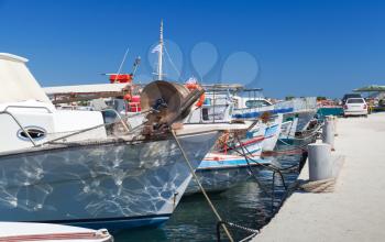 Fishing boats moored in port of Agios Sostis. Zakynthos, Greek island in the Ionian Sea