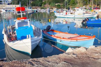 Wooden fishing boats moored in port of Tsilivi. Zakynthos, Greek island in the Ionian Sea