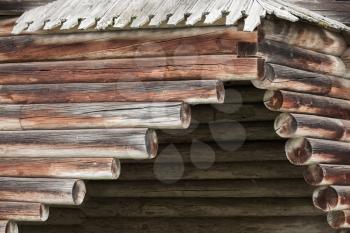Outdoor niche made of rough logs. Traditional rural Russian architecture details
