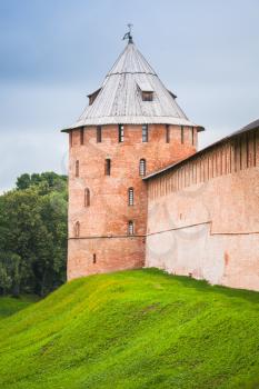 Vertical photo of Novgorod Kremlin, also known as Detinets. Bank of the Volkhov River in old russian town Veliky Novgorod