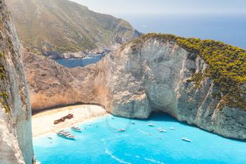Navagio beach. The most famous natural touristic landmark of Greek island Zakynthos in the Ionian Sea