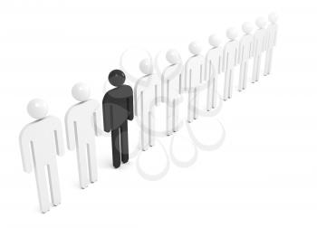 Row of white abstract people with one black individual figure, 3d illustration