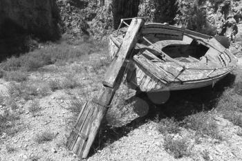 Old abandoned wooden fishing boat lays in garden. Black and white photo