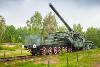 Soviet historical monument in fort Krasnaya Gorka, Russia. 305-mm railroad gun from WWII period