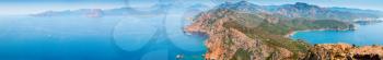 South Corsica. Super wide panoramic coastal landscape. Capo Rosso, Piana region, Corse-du-Sud