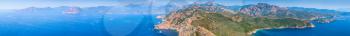 South Corsica. Extra wide panoramic coastal landscape. Capo Rosso, Piana region, Corse-du-Sud