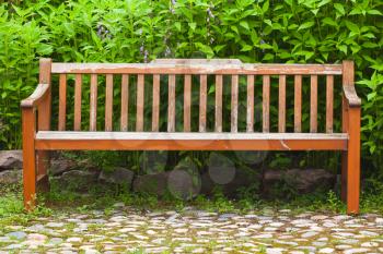 Wooden bench stands near walking lane in summer park