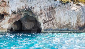 Blue cave seaside view. Coastal formations of Greek island Zakynthos in the Ionian Sea. Popular touristic destination