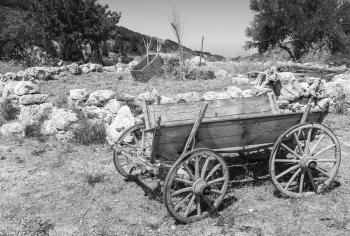 Empty old rural wooden wagon, black and white photo