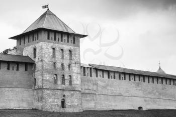 Novgorod Kremlin, also known as Detinets. Bank of the Volkhov River in old russian town Veliky Novgorod. Black and white photo