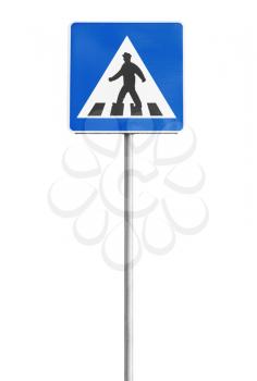 Pedestrian crossing. Square blue and white road sign on metal pole isolated on white background