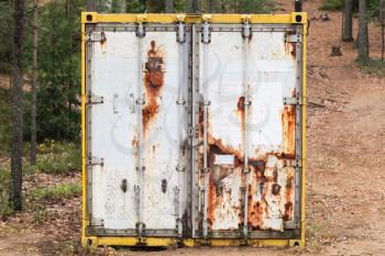 Abandoned old rusted standard cargo container stands in the forest, door face, selective focus