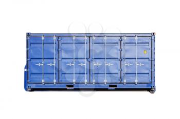 Closed blue standard cargo container isolated on white background, side doors face