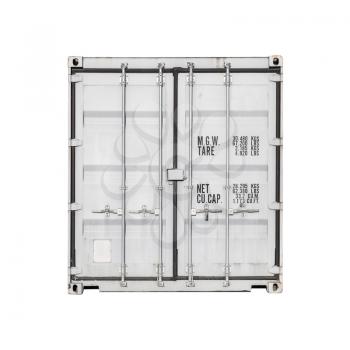 Closed white standard cargo container, door face isolated on white background