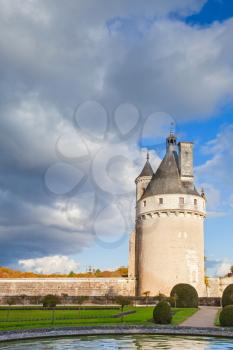 Tower of Chateau de Chenonceau, medieval french castle, Loire Valley, France. It was built in 15-16 century, an architectural mixture of late Gothic and early Renaissance. Unesco heritage site