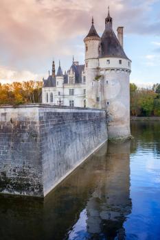 The Chateau de Chenonceau, medieval french castle in Loire Valley, France. It was built in 15-16 century, an architectural mixture of late Gothic and early Renaissance. Unesco heritage site