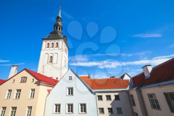 Old town of Tallinn, Estonia. Skyline with colorful houses and St. Nicholas Church, Niguliste Museum