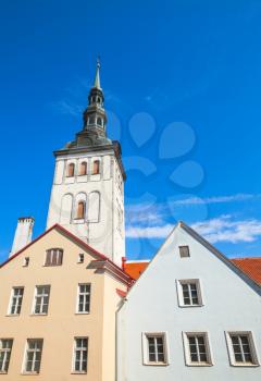 Old town of Tallinn, Estonia. Vertical skyline with colorful houses and St. Nicholas Church, Niguliste Museum