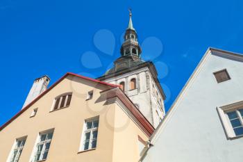 Old town of Tallinn, Estonia. Skyline with colorful living houses and St. Nicholas Church, Niguliste Museum