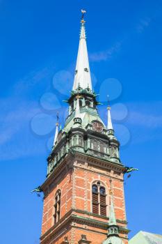 Spire of The German Church, also called called St. Gertrudes Church in Gamla stan, the old town in central Stockholm, Sweden