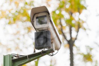 Outdoor surveillance camera with motion detector in autumnal park