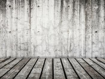 Empty grungy abstract interior background with old concrete wall and gray wooden floor