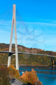 Modern cable-stayed bridge in Norway, vertical photo