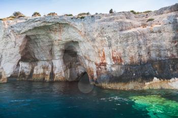 Blue caves. Coastal formations of Greek island Zakynthos in Ionian Sea. Popular touristic destination, Seaside view