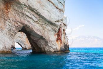 Blue cave seaside view. Coastal formations of Greek island Zakynthos in Ionian Sea. Popular touristic destination