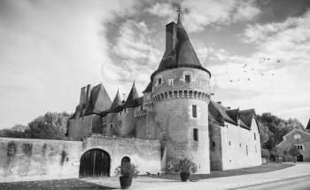 The Chateau de Fougeres-sur-Bievre, medieval french castle in Loire Valley. It was built in 15 century, black and white