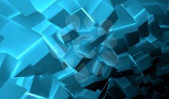 Abstract digital background, chaotic dark shining blue polygonal blocks pattern, 3d illustration