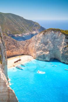 Vertical summer landscape of Navagio bay and Ship Wreck beach. The most famous natural landmark of Zakynthos, Greek island in the Ionian Sea