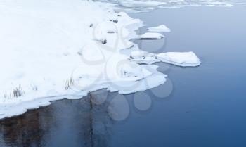 Coastal ice on still cold lake in winter, natural background photo