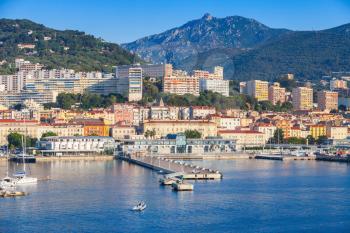 Ajaccio cityscape, harbor with marina and passenger terminal, Corsica island, France