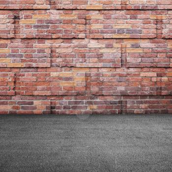 Abstract empty urban interior background with red brick wall and asphalt floor