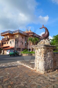 Fish sculpture. Altos de Chavon, old buildings facades, mediterranean style European village located atop the Chavon River in La Romana, Dominican Republic