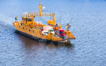 Yellow Ro-Ro cargo ship goes on ferry route near Stockholm, Sweden