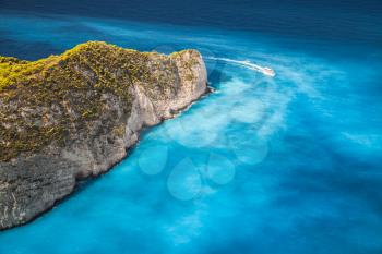 Landscape of Navagio bay with deep blue water. The most popular natural landmark of Zakynthos, Greek island in the Ionian Sea