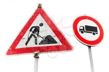Roadworks, freight transport traffic is prohibited road signs isolated on white background
