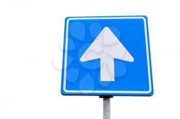 One way street, blue square road sign with arrow isolated on white background, close up photo