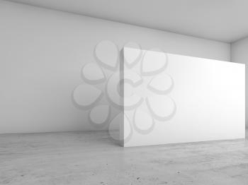 Abstract empty interior background, blank white banner stands on concrete floor, contemporary architecture design. 3d illustration