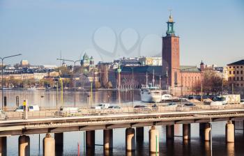 Cityscape of Stockholm with cars on the bridge