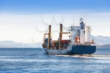 Container ship goes on Norwegian sea, Trondheim region