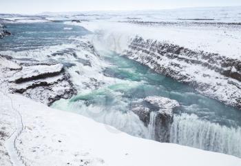 Gullfoss or Golden Waterfall in winter season, popular natural landmark of Iceland
