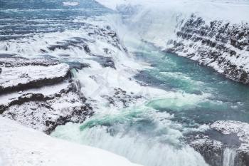 Gullfoss or Golden Waterfall in winter, one of the most popular natural landmarks of Iceland