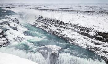 Gullfoss or Golden Waterfall in winter season, one of the most popular natural landmarks of Iceland