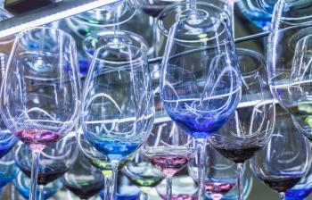 Colorful wine glasses made of Bohemian glass, Prague, Czech Republic