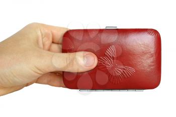 Hand with red case isolated