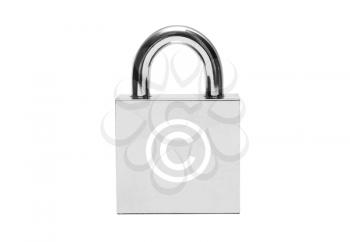 Silver padlock with copyright sign isolated on white