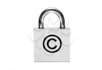 Silver padlock with copyright sign isolated on white